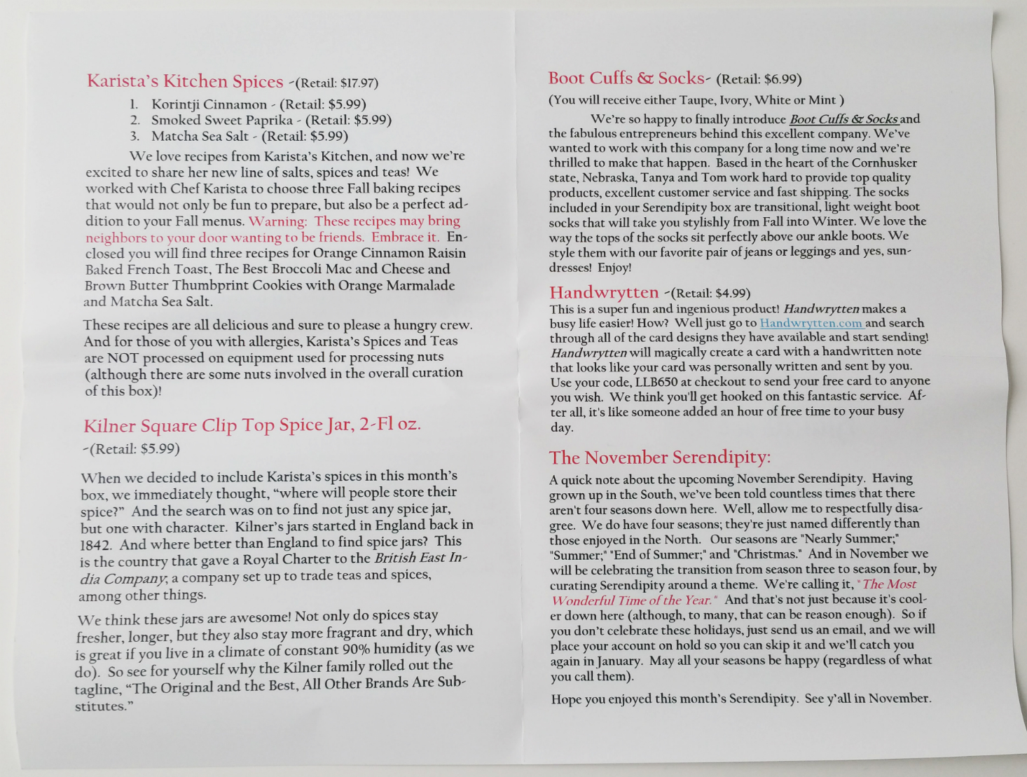 Serendipity by LLB Subscription Box Review + Coupon September 2016 MSA