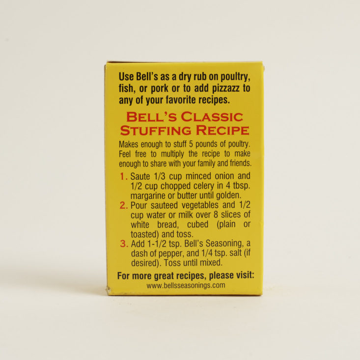 back of Bells Seasoning box