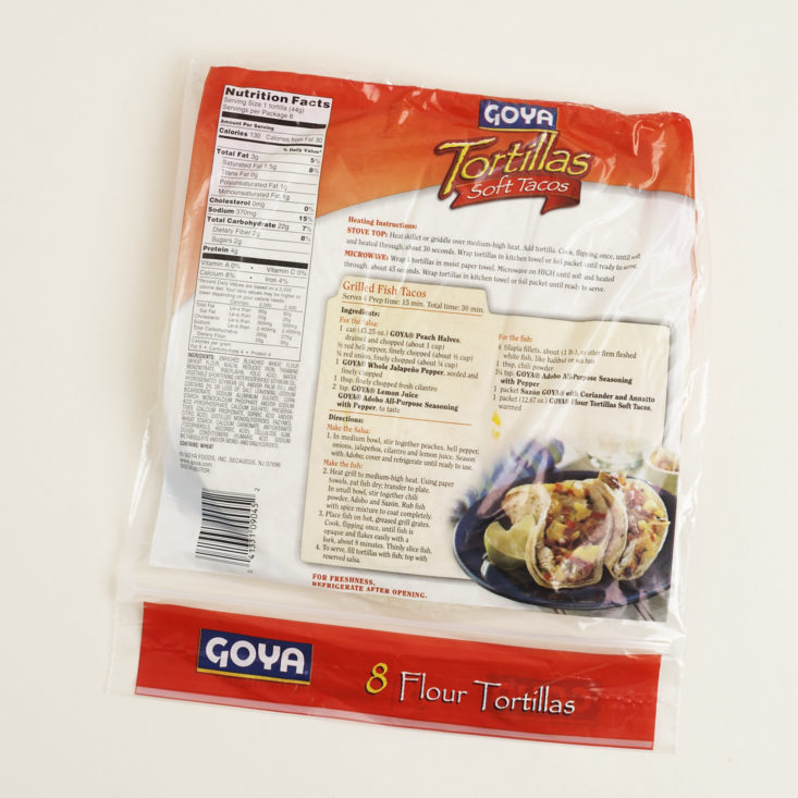 back of Goya soft flour tortillas in package