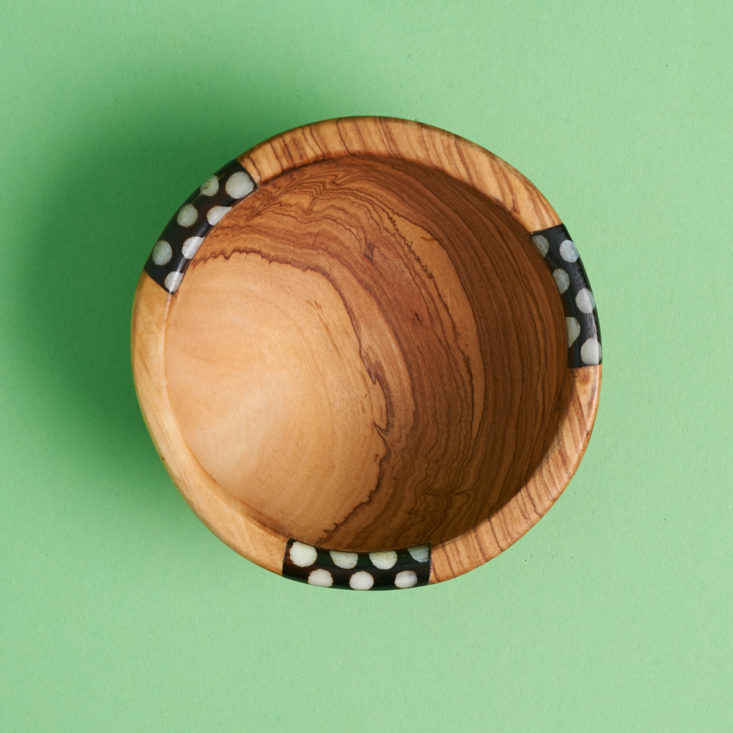 birds eye view of handmade wood and bone condiment bowl from kenya