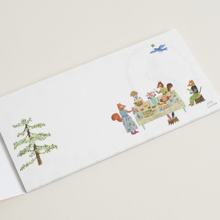 Sheet from Aiko Fukawa Notepaper Pad with aimals around na table outside