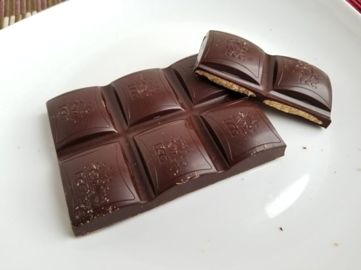 Lake Champlain Chocolates Dark Chocolate Peanut Butter Bar closeup on white plate