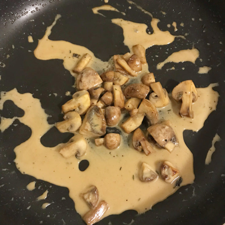 mushrooms, thyme, creme fraiche and verjus in pan