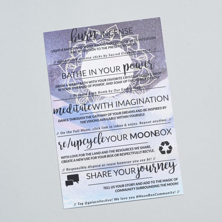 second side of an information card describing how to use the gaia collective items for december 2017