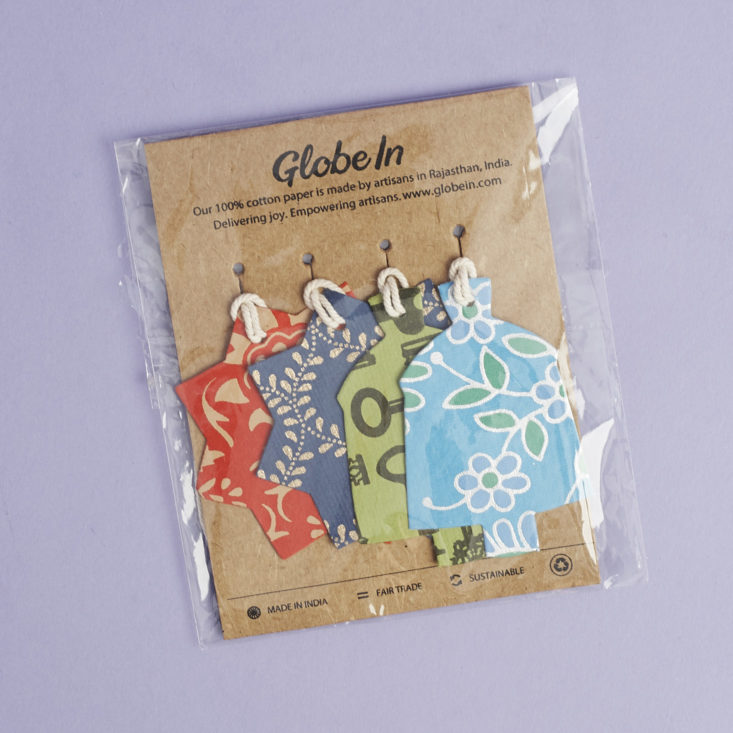 set of four patterned colorful gift tags, in package