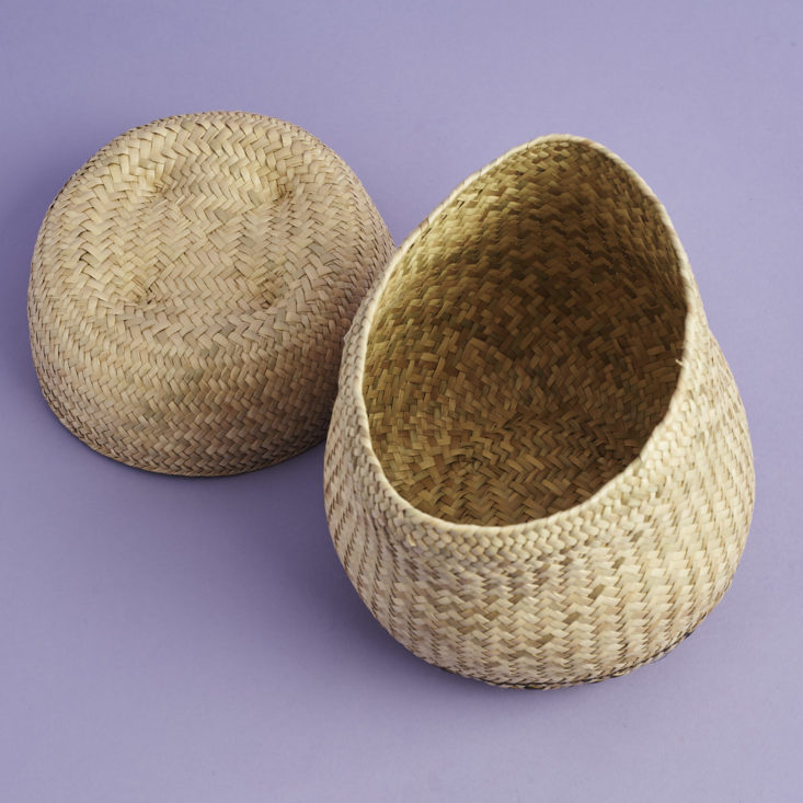 a look inside of palm leaf basket with lid off