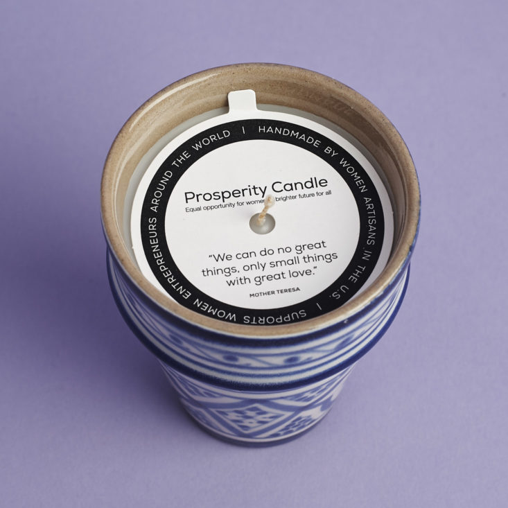 label on top of Prosperity Essaoira Soy Candle