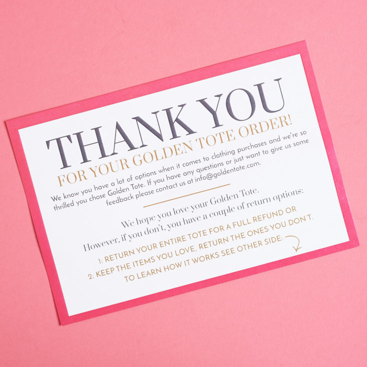 There's a thank you note inside my November 2017 Golden Tote order