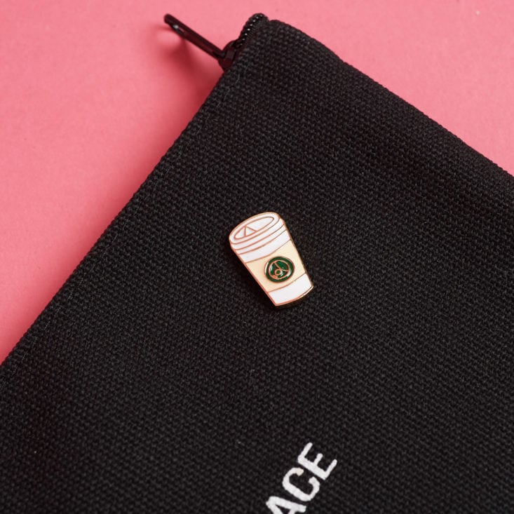 Coffee cup pin on the Penny + Grace canvas pouch