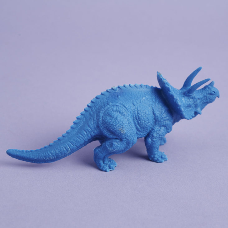 an oversized blue triceratops eraser from the back