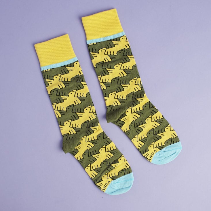 socks with yellow and green bird pattern and aqua blue toes