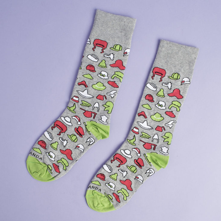 grey socks with different red green and white hats