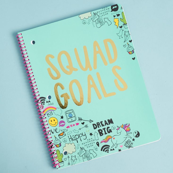 squad goals notebook with doodle patterns and gold letters