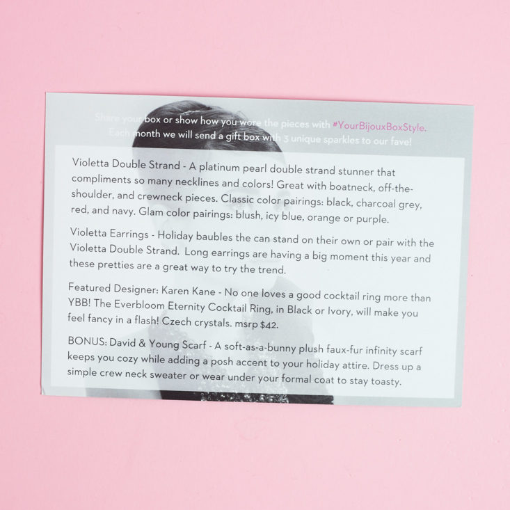 card listing the products inside the december 2017 my bijoux box