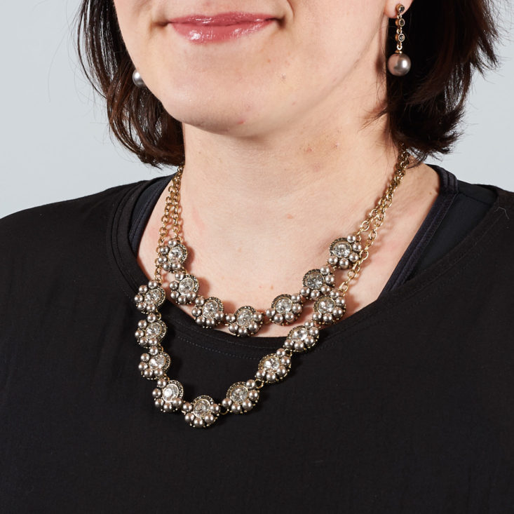double chain rhinestone statement necklace on a model