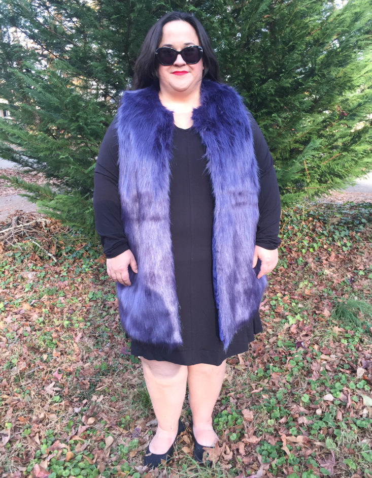 purple faux fur vest on model