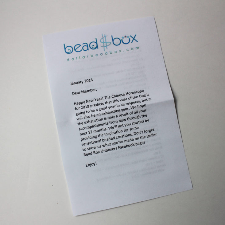 Dollar Bead Box January 2018 Booklet Front