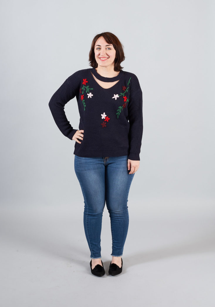 navy sweater with flowers