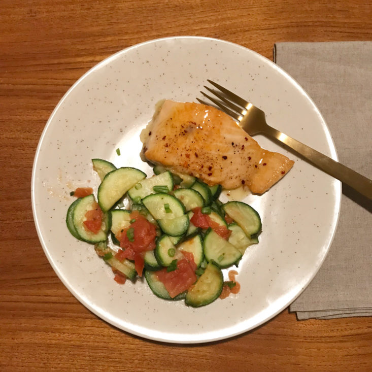 finished hot honey salmon with zucchini and tomatoes