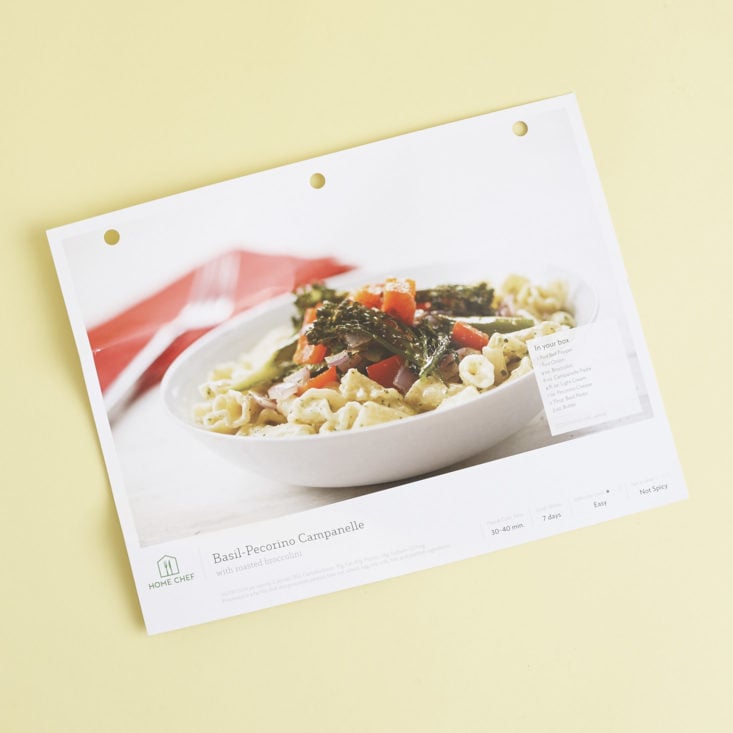 home chef pasta and vegetables recipe card