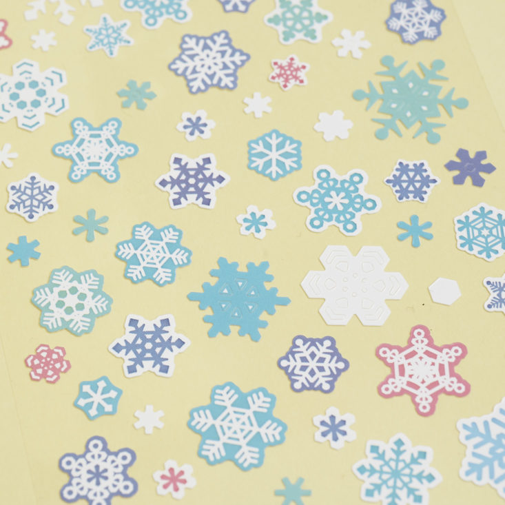 close up of colorful snowflake stickers