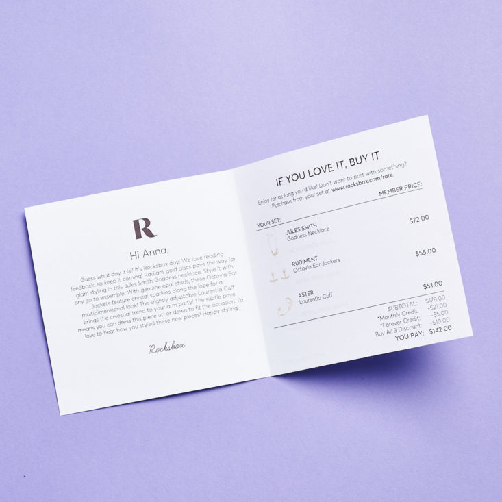 rocksbox info card and product list