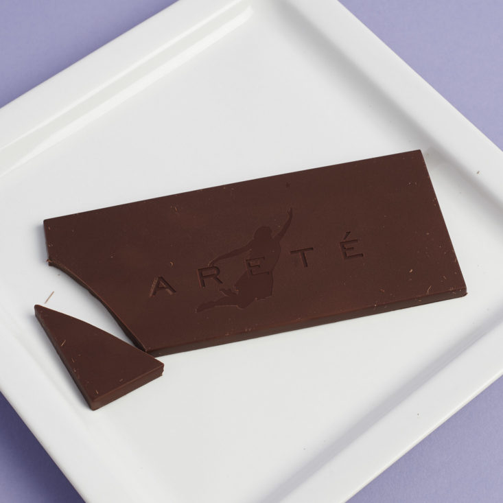 Arete Fine Chocolate Guatemala Lachua 58% Dark Milk Chocolate on plate