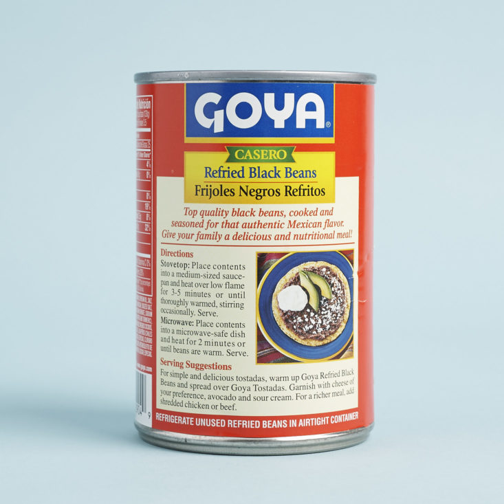 back of label for Goya Casero Refried Black Beans