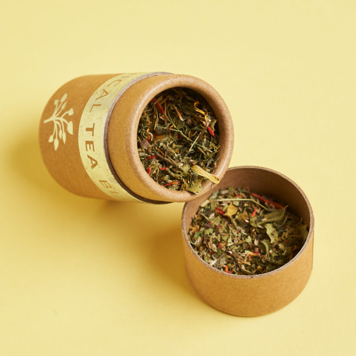 loose leaf tea in cardboard container