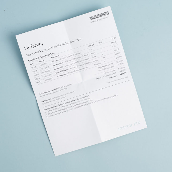 StitchFix Clothing Box February 2018 Invoice