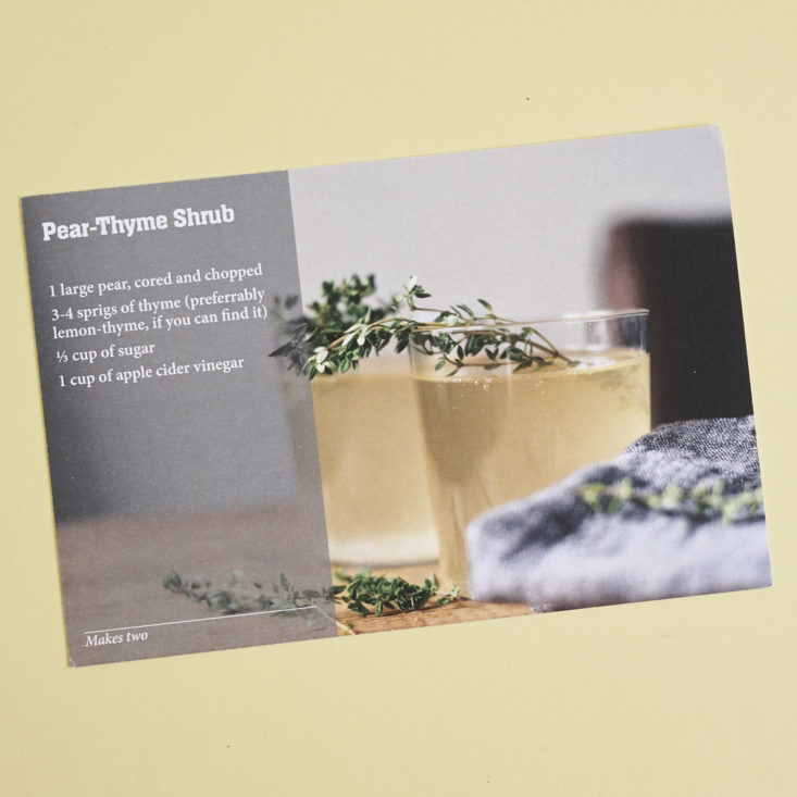 front of pear-thyme shrub recipe card