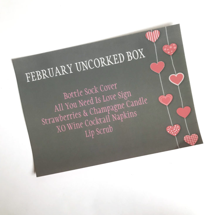 Uncorked Box February 2018 - Card Product List