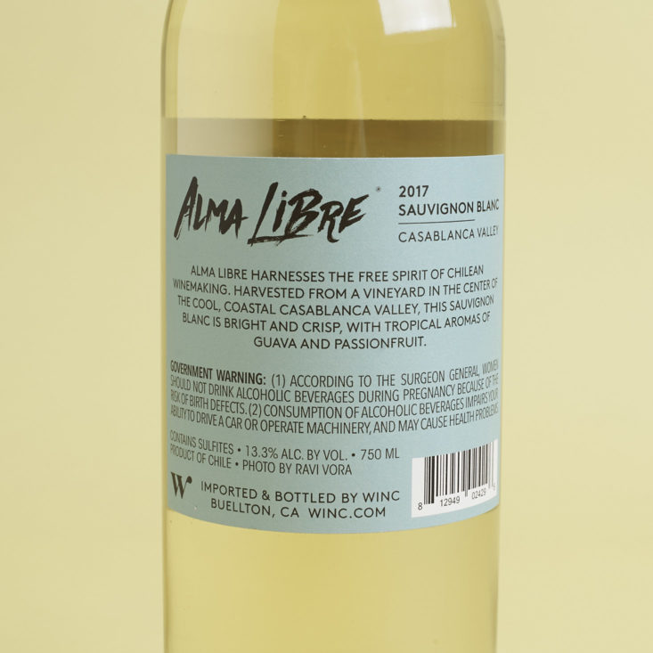 label on back of 2017 Alma Libre Sauvignon Blanc