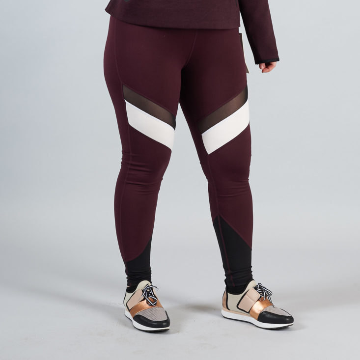 burgundy leggings with white and black panels