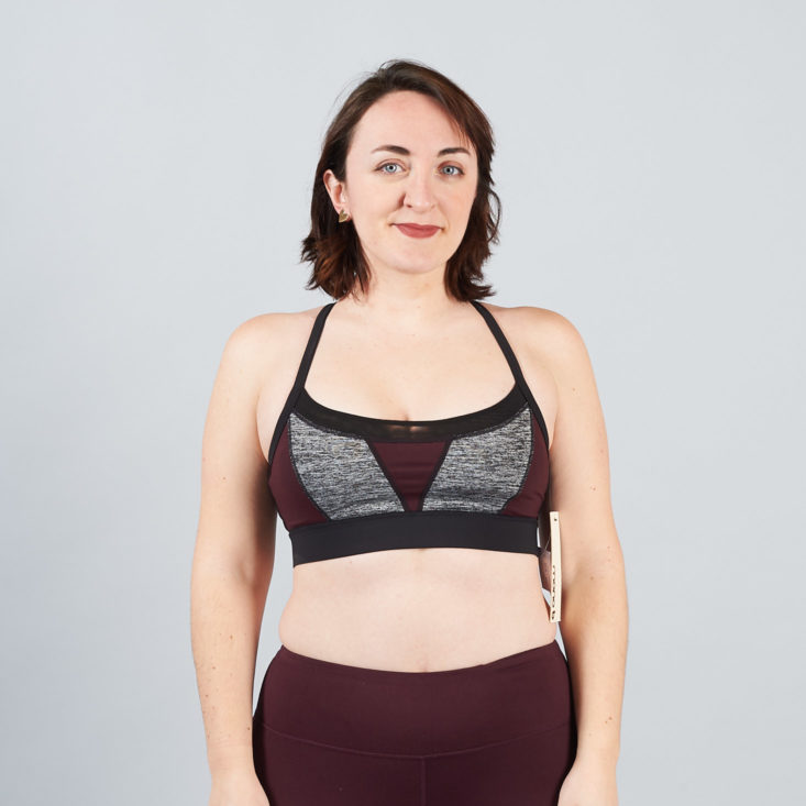 burgundy and gray sports bra