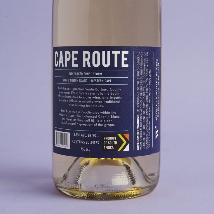 back of label for 2017 Cape Route Chenin Blanc