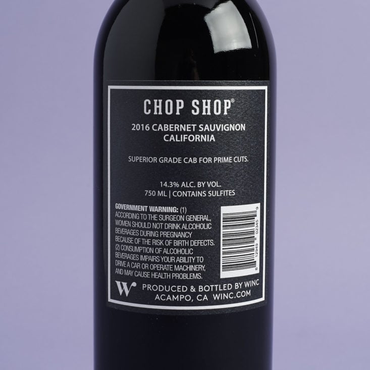 back of label for 2016 Chop Shop Cabernet Sauvignon