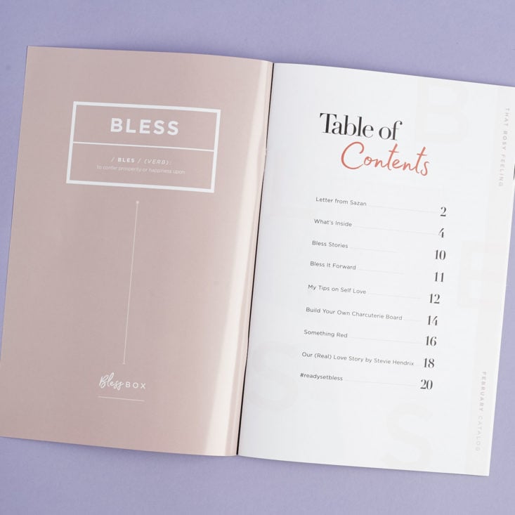 table of contents for February 2018 Bless Box info booklet