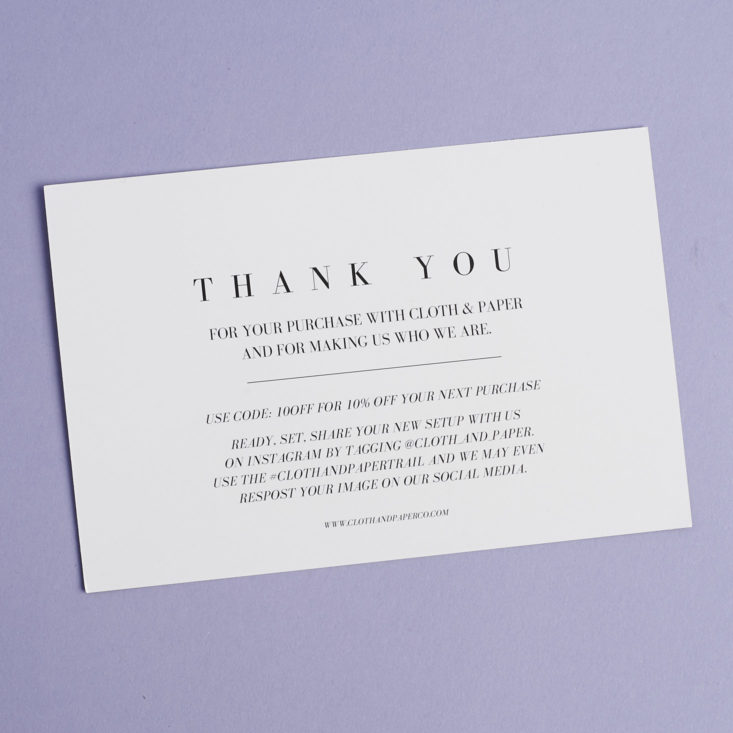 reverse side of thank you card with coupon code