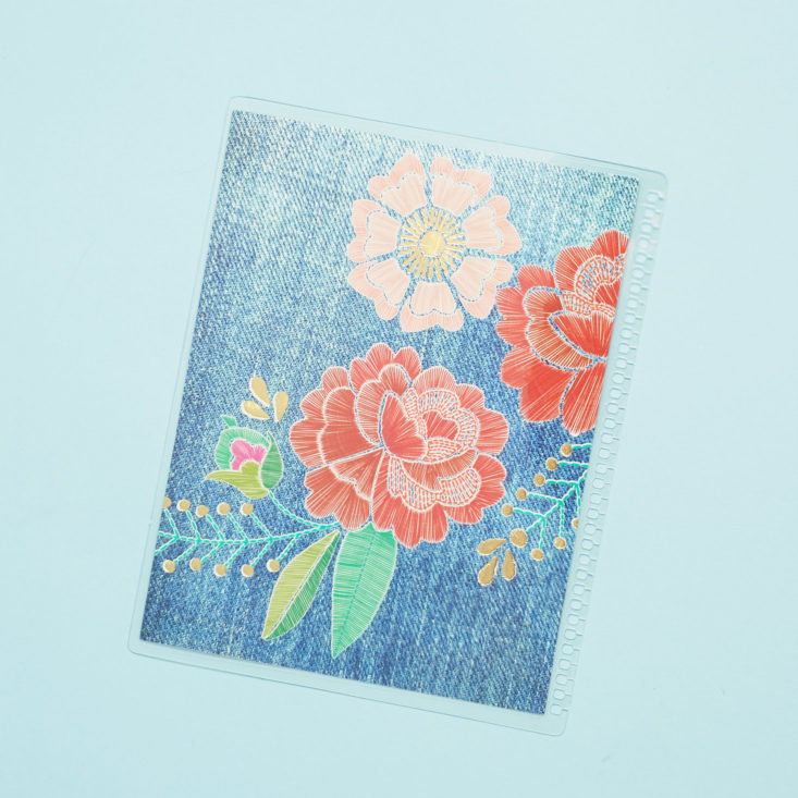 boho red and pink flowers on blue denim plastic notebook cover