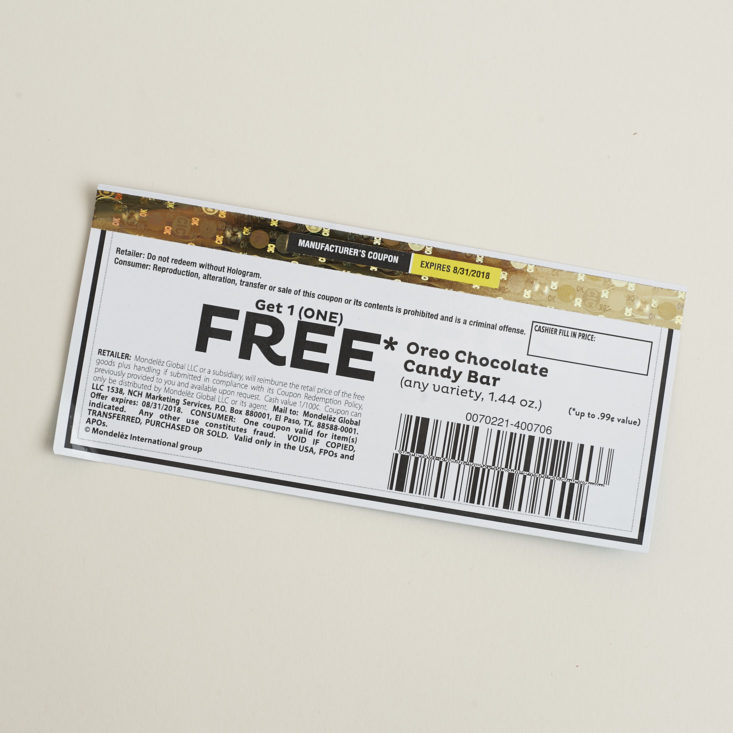 other side of coupon for free OREO chocolate candy bar