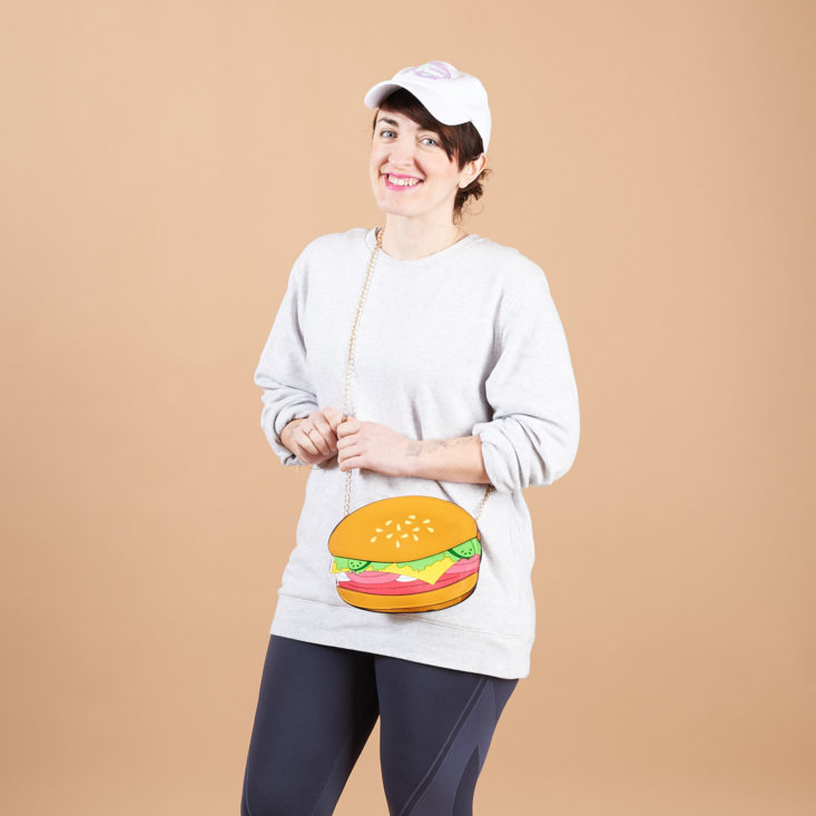 quirky crate burger bag on model