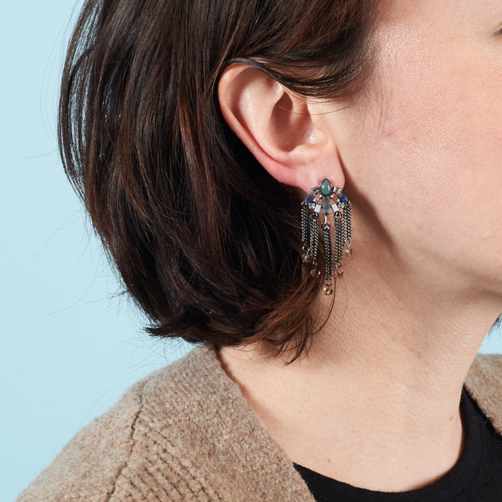 fringe earrings on model