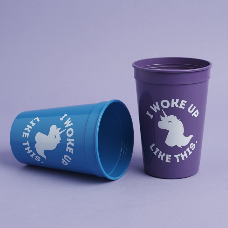 BLue and Purple "I Wokw Up Like This" Unicorn Stadium Cups with blue cup on side