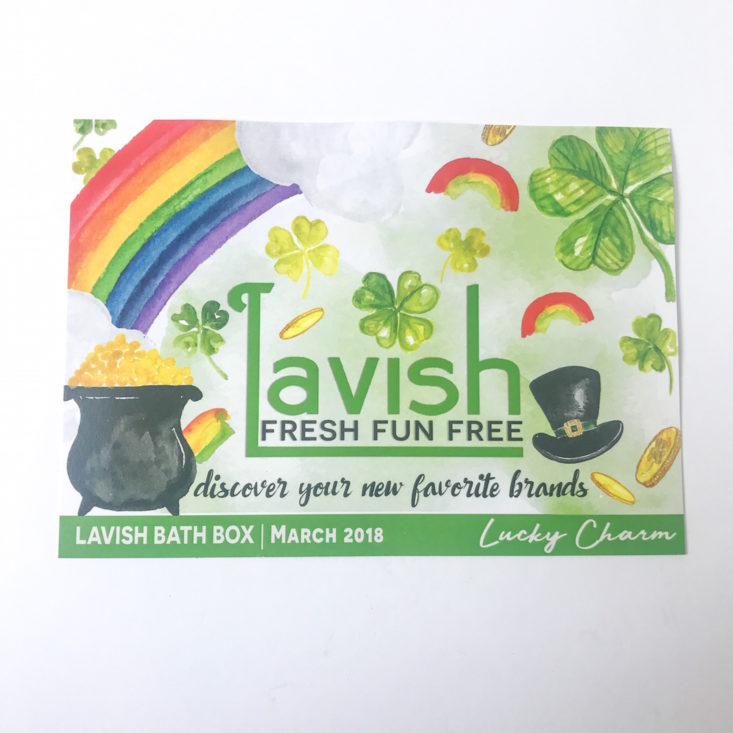 Lavish Bath Box Lucky Charm March 2018 info sheet 1