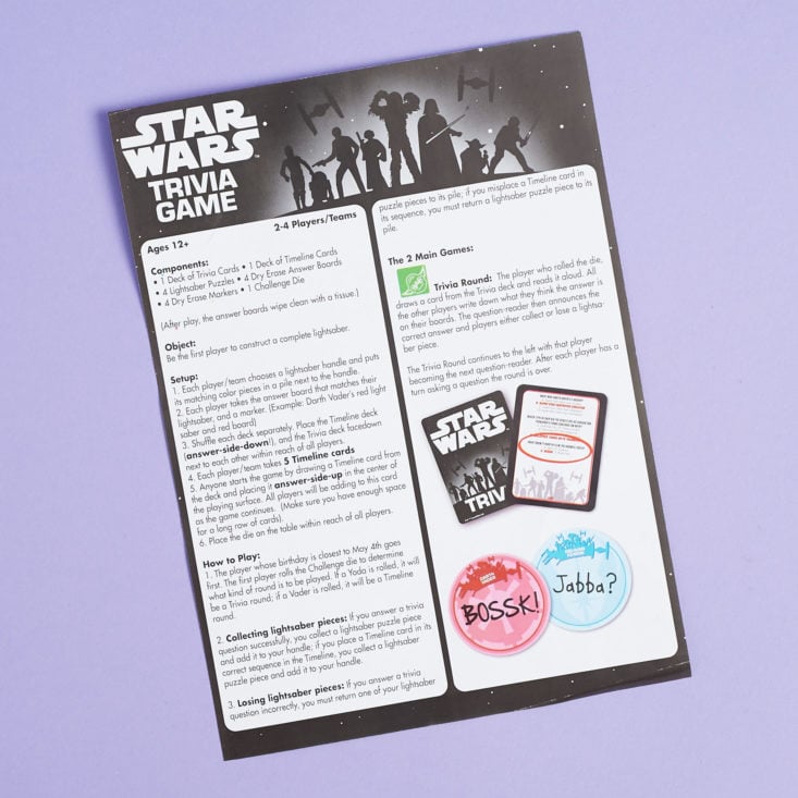 monthly mystery box of awesome instructions for star wars trivia game