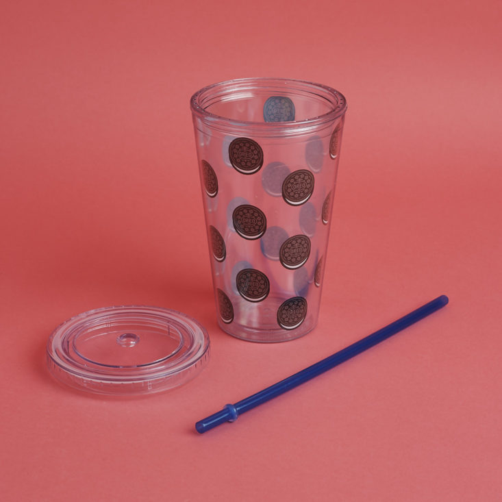 parts of Plastic OREO patterned reusable drink cup with straw