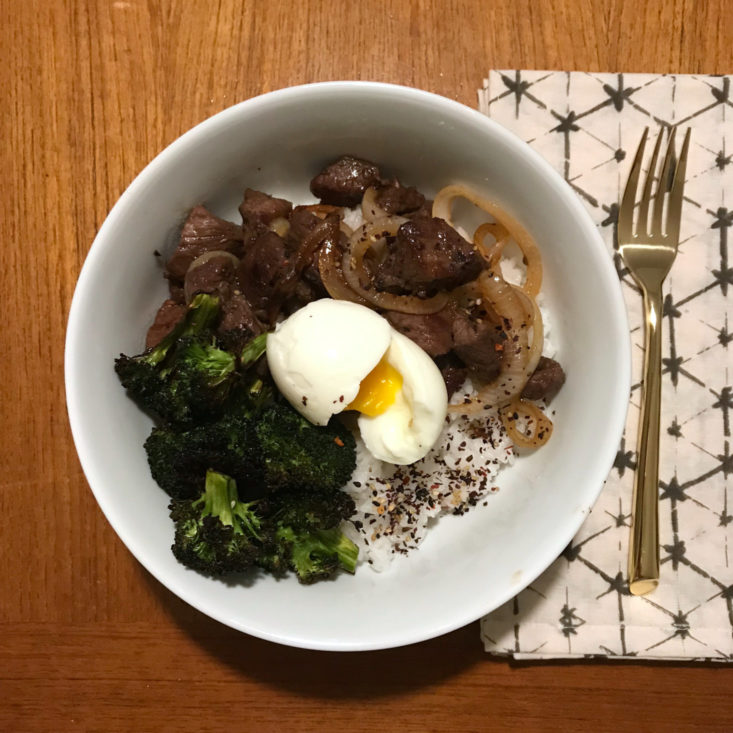 finished Tokyo Beef & Rice Bowls with Soft-Boiled Eggs & Roasted Broccoli in bowl 