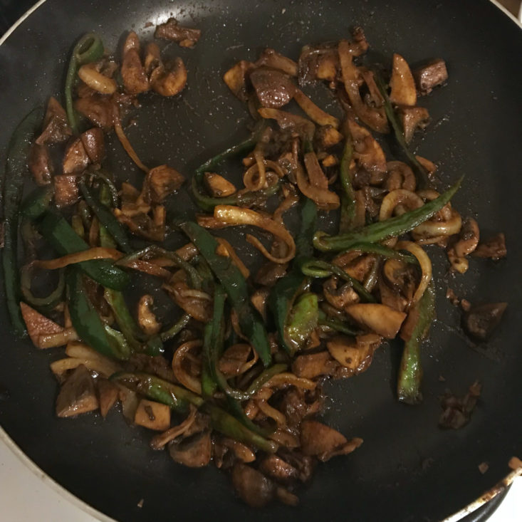 mushrooms, demi-glace, peppers, onions, garlic and lime juice