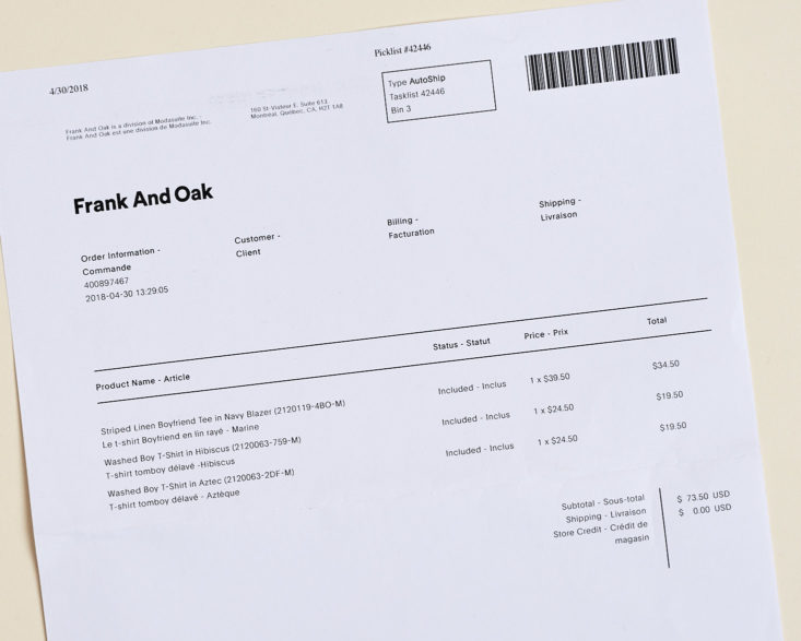 frank and oak invoice